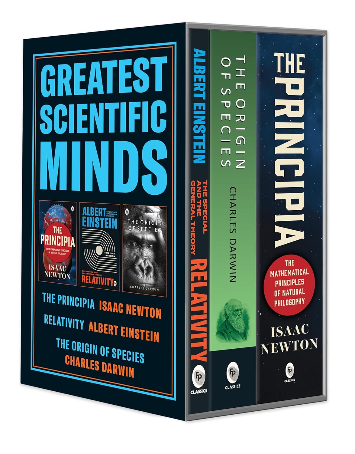 Greatest Scientific Minds (Boxed Set of 3): Charles Darwin, Albert Einstein, Isaac Newton - Origin of Species | Relativity: The General and The ... | The Principia (Popular Classic (Box Set)) by Various - Book Cover